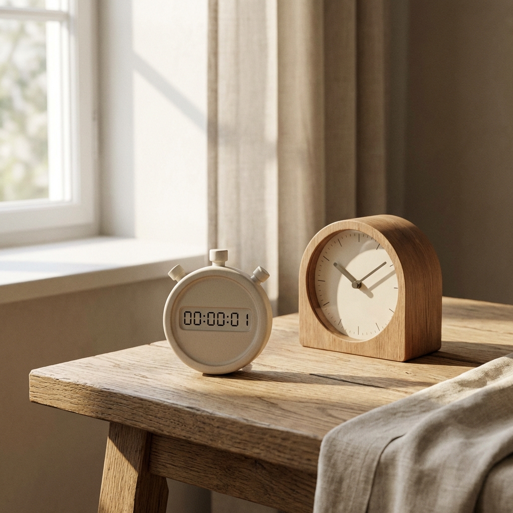 Calm Under Pressure - box breathing science - Image 1: A minimal focused scene with an aesthetic clock on a wooden desk. Represents precision and timing.