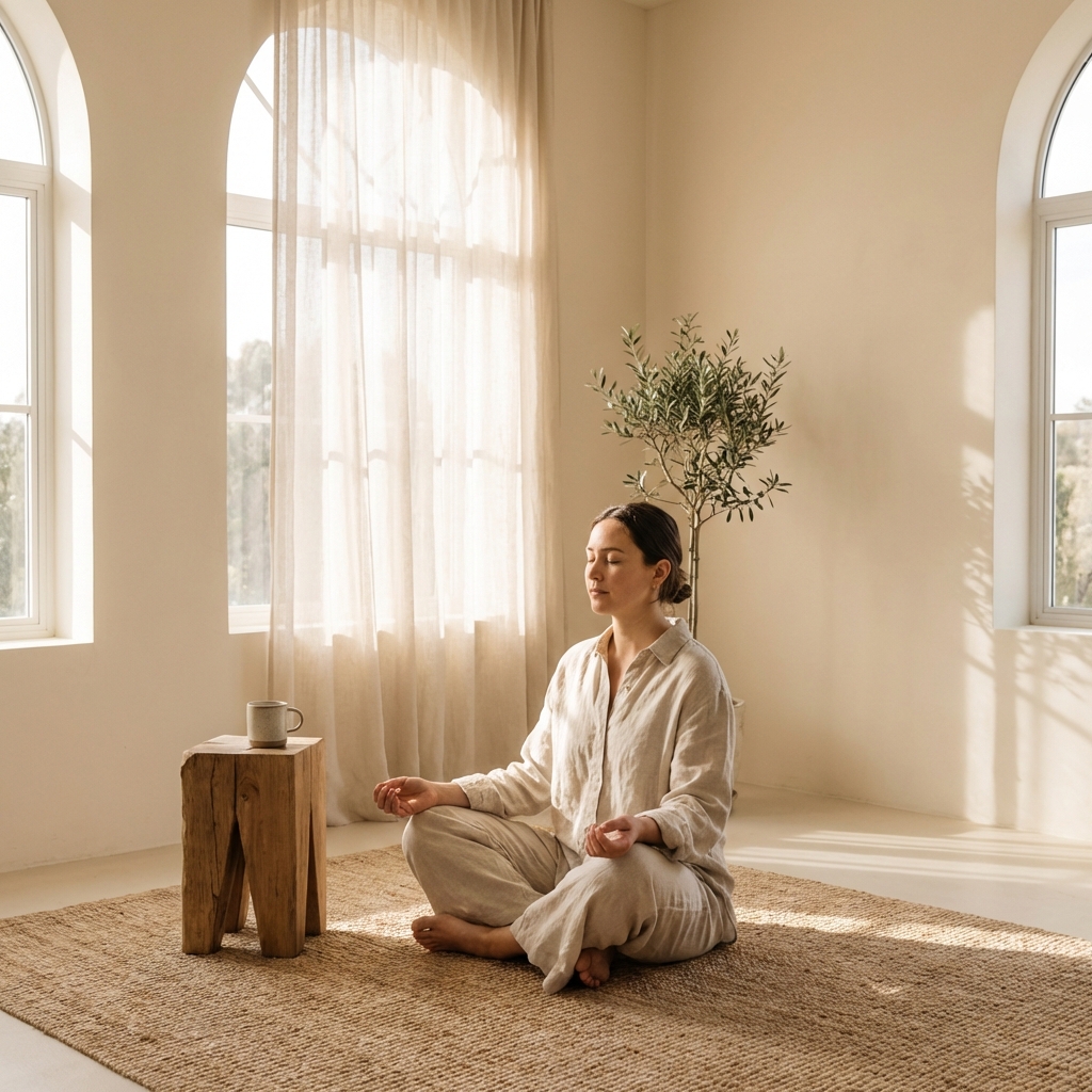 The Science of Breathing - breathwork research - Image 1: A person sitting in a peaceful, sunlit room, focusing on their breath. Minimal, earthy tones.
