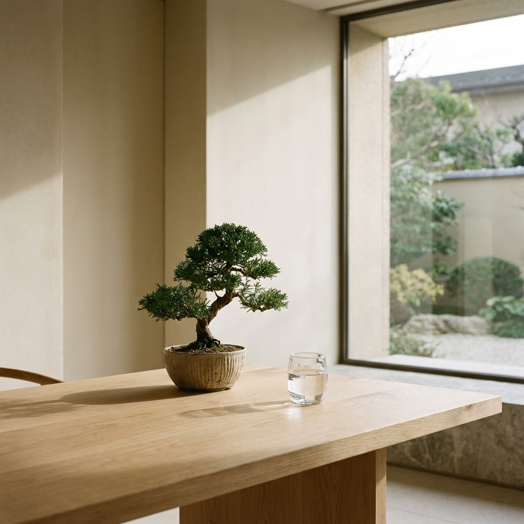 The Science of Breathing - breathwork research - Image 3: A minimal desk setup with a single plant and a glass of water, representing focus and clarity.