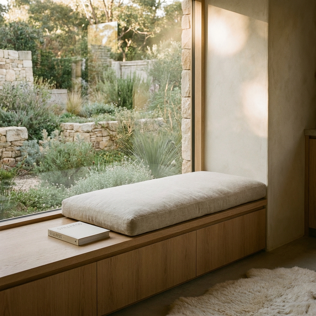 Calm Under Pressure - box breathing science - Image 3: A beautiful, minimal window seat overlooking a quiet garden. Represents a portable sanctuary of stillness.