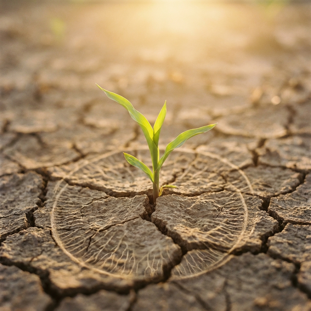 Stillness from Within - nervous system regulation - Image 3: A close-up of a small sprout emerging from cracked earth in hopeful light. Represents resilience.