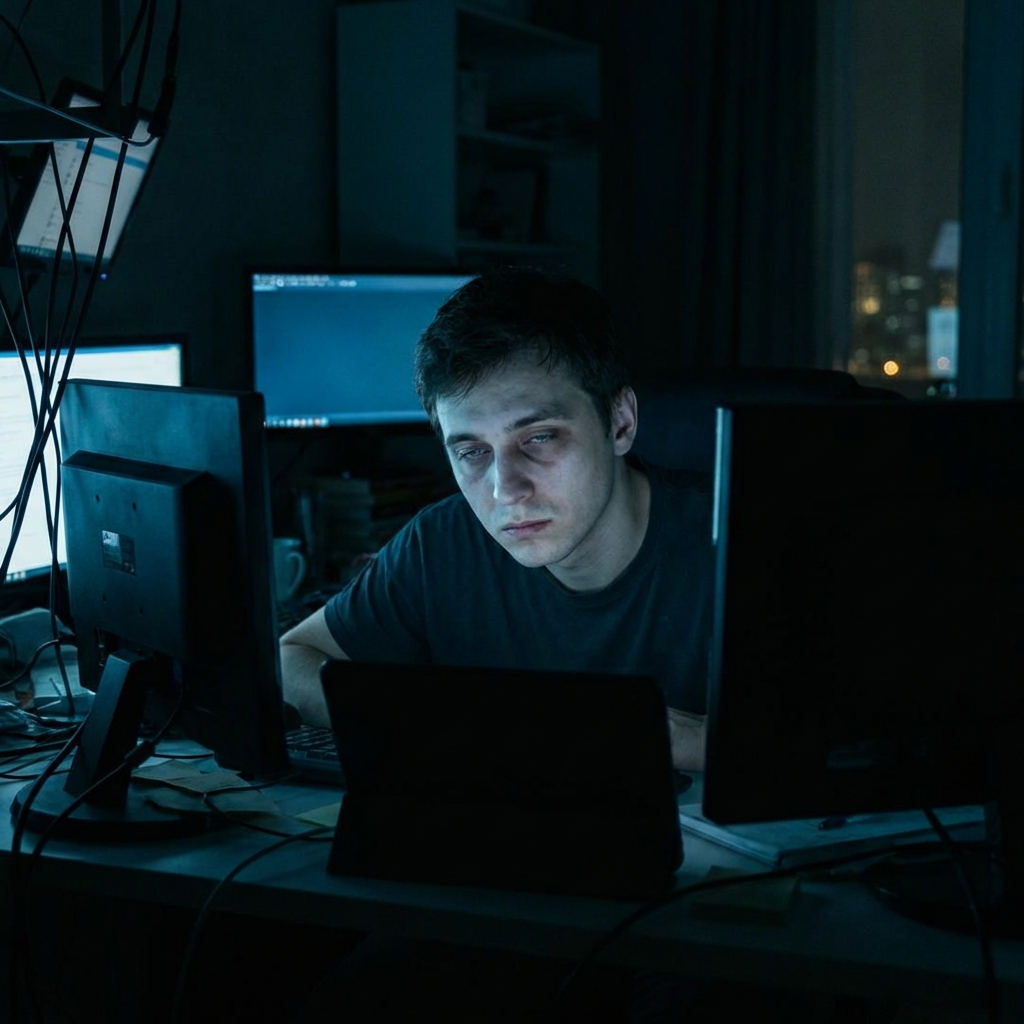 A person sitting in a dark room illuminated by multiple screens, representing the trap of distraction.