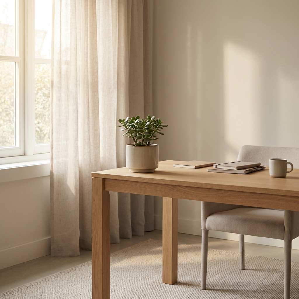 Present-moment awareness in the office: A calm, minimal desk with a green plant and soft sunlight, representing finding stillness at work.