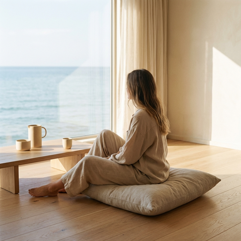 Focused Meditation App - Mental Clarity - Image 1: A person focusing in a light-filled minimalist room overlooking a calm sea.