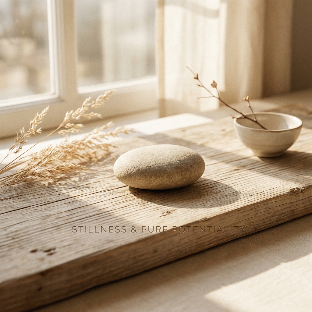 The Stillness Within: Finding Pure Potentiality - Law of Pure Potentiality - Image 1: A high-quality, minimal, and aesthetic scene with soft neutral tones and natural elements, representing the stillness within: finding pure potentiality.