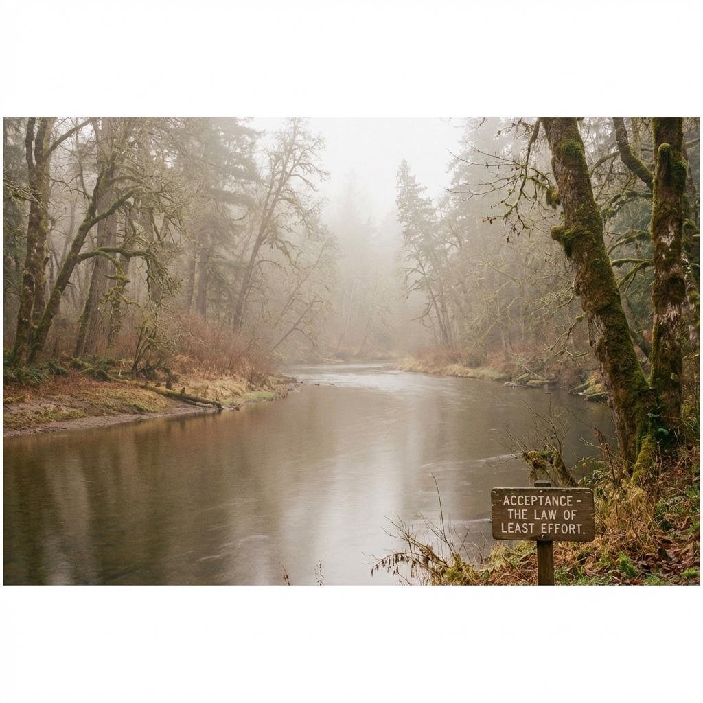 Acceptance and Flow: The Secret to Least Effort - Law of Least Effort - Image 1: A high-quality, minimal, and aesthetic scene with soft neutral tones and natural elements, representing acceptance and flow: the secret to least effort.