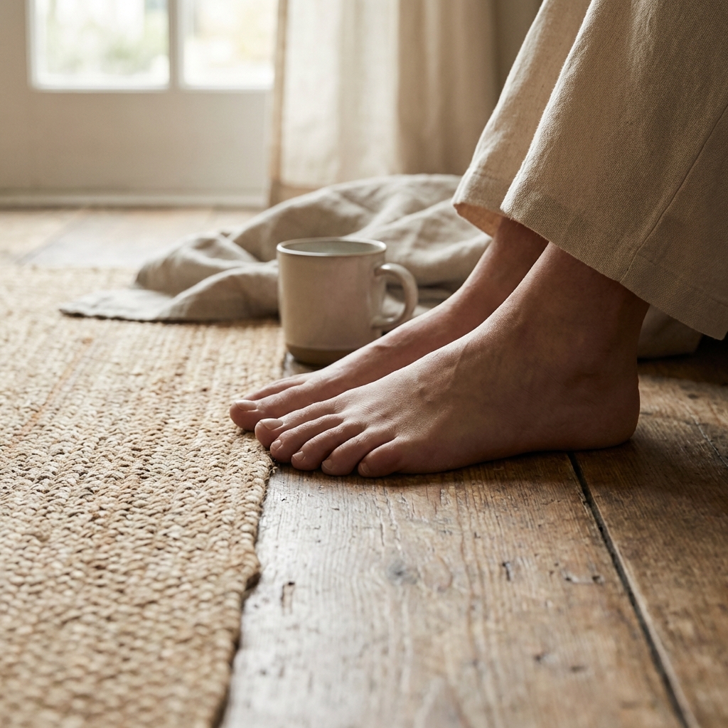 Grounding techniques: A close-up of feet on a soft rug in neutral tones, representing physical anchoring and mindfulness.