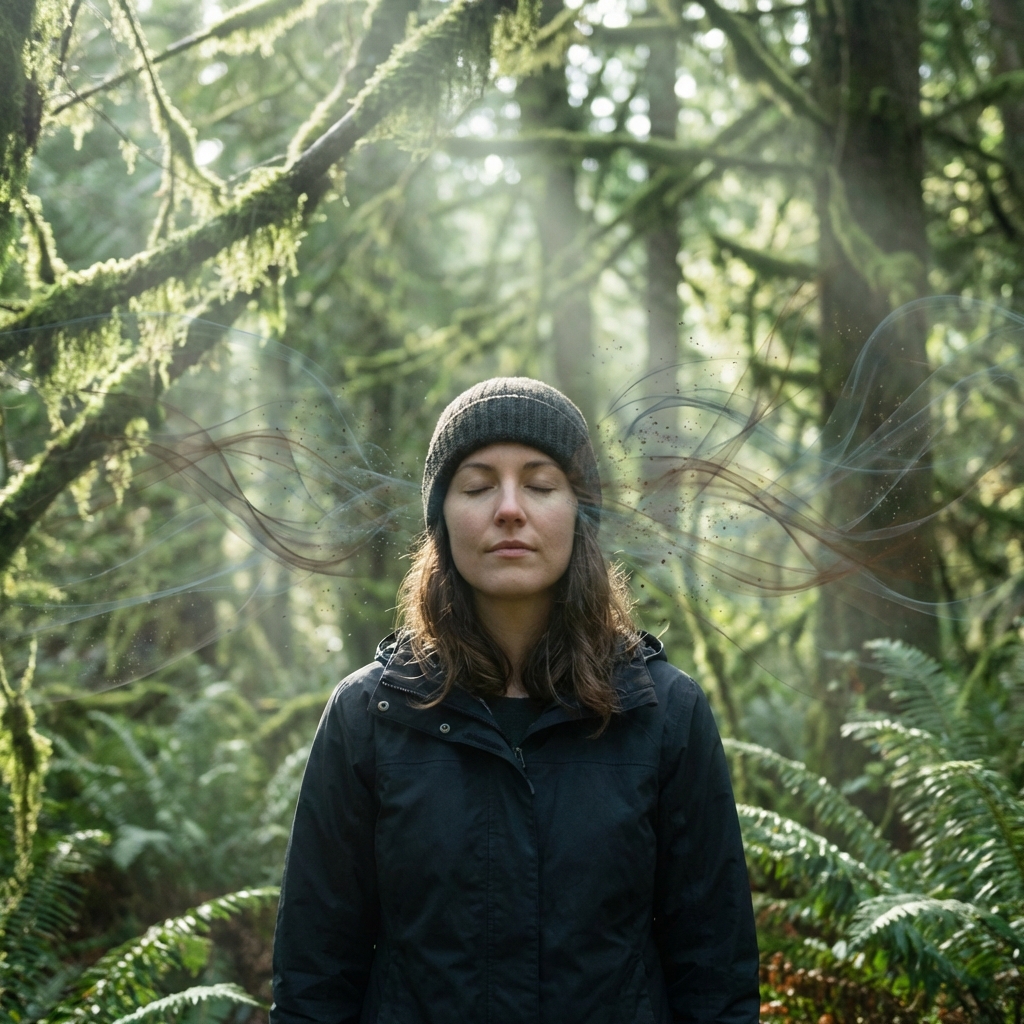 A person standing in a forest with eyes closed, tilted head, listening to the sounds of nature.
