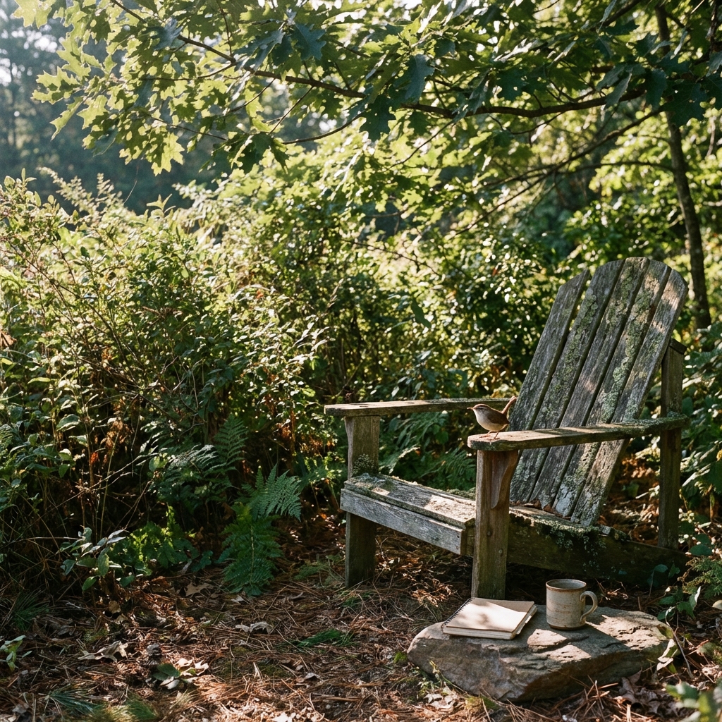 A peaceful sit spot in nature with a weathered wooden chair and a small bird perched nearby.