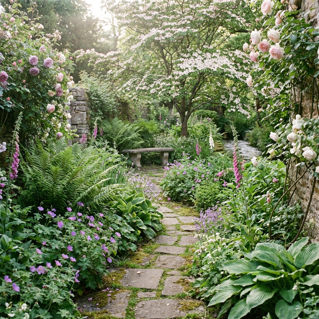 A beautiful, tranquil garden scene with a path through lush greenery and a stone bench.
