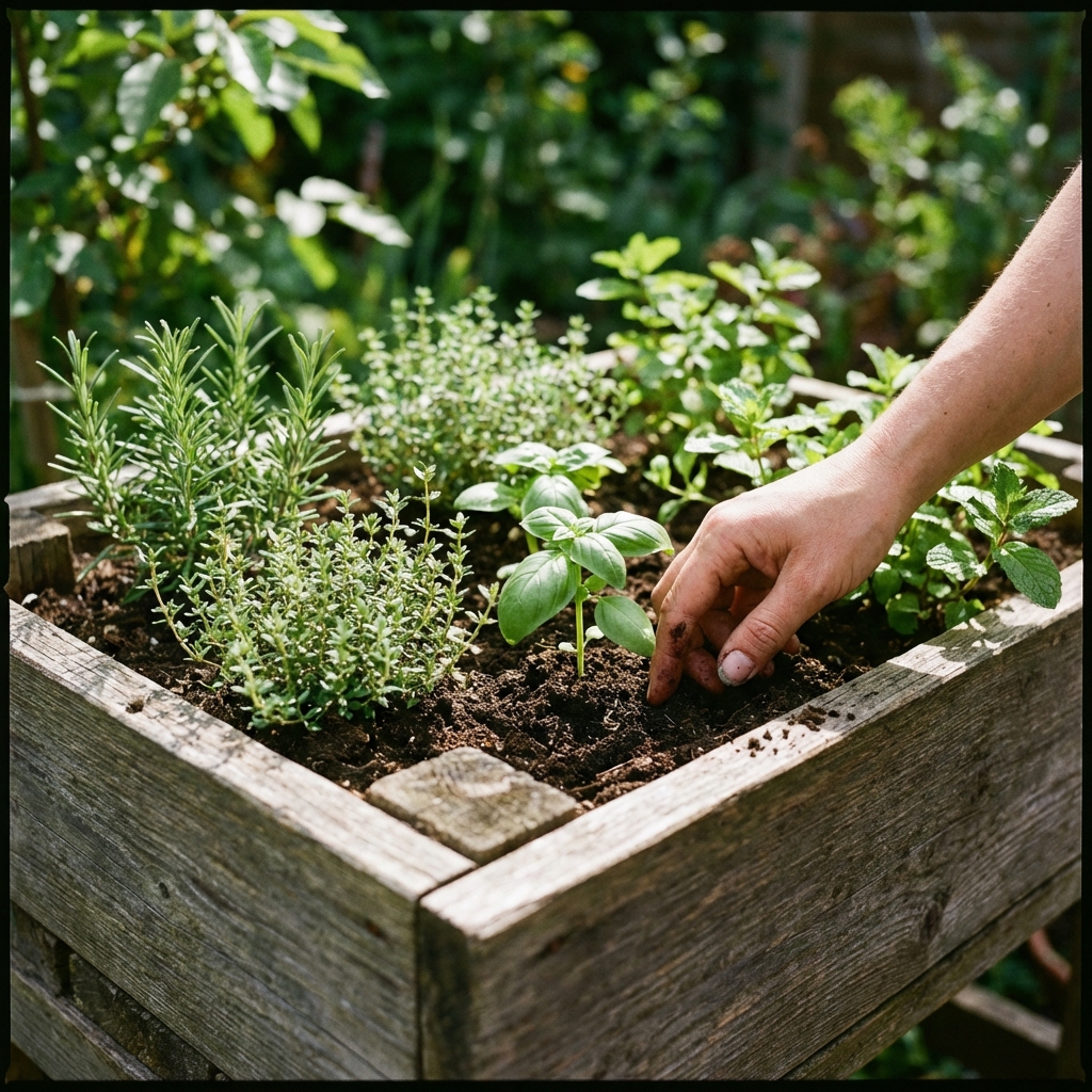 A close-up of a wooden gardening box with fresh herbs and a hand gently touching the soil.
