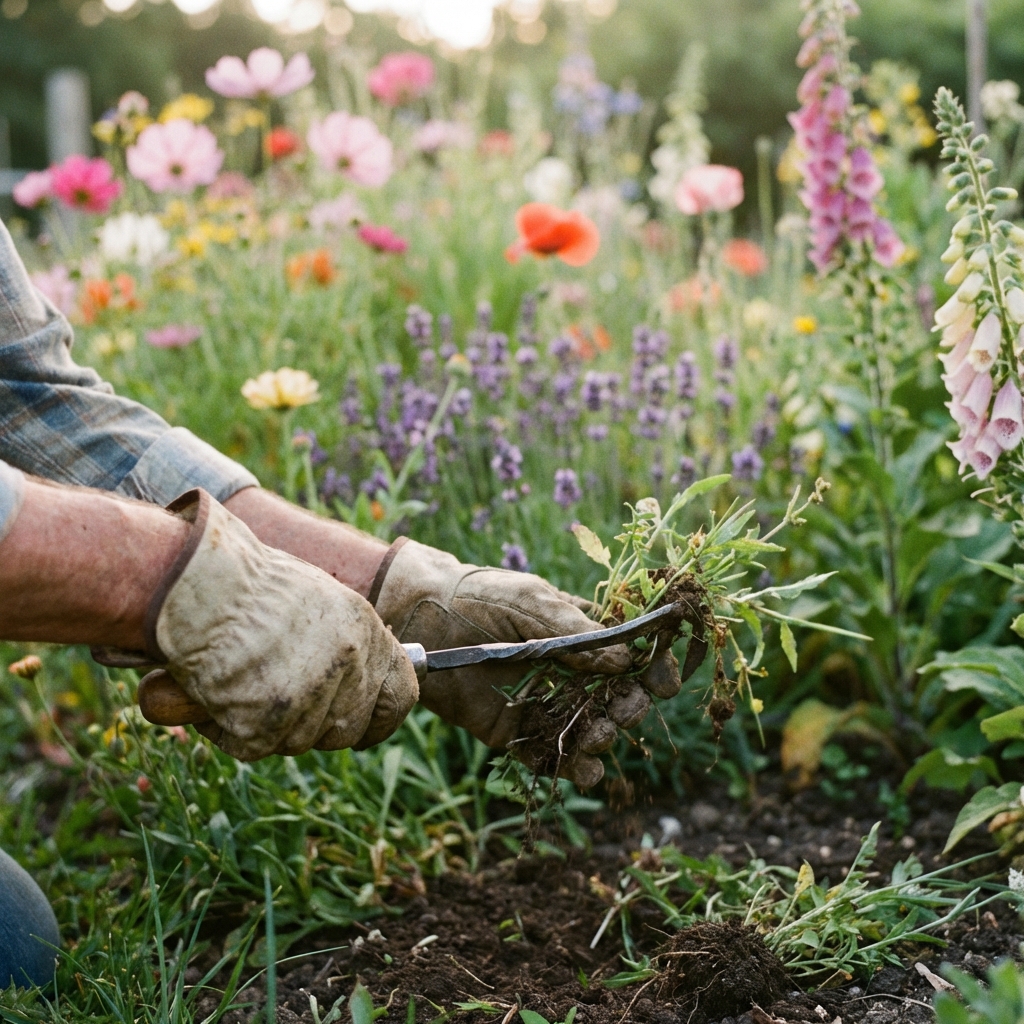 A peaceful scene of someone weeding a garden bed with blurred colorful flowers in the background.