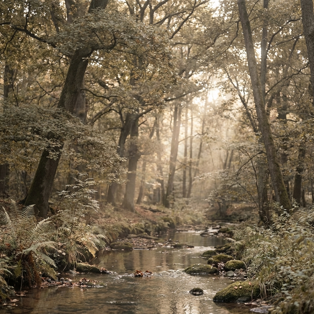 Stillness from Within - nervous system regulation - Image 1: A peaceful forest scene with sunlight filtering through the trees. Represents internal balance.