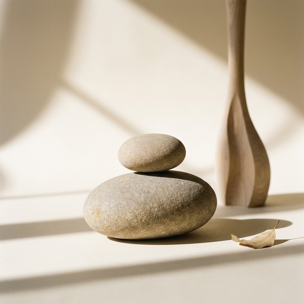 Stillness from Within - nervous system regulation - Image 2: A minimal abstract representation of balance with smooth river stones. Represents a regulated system.