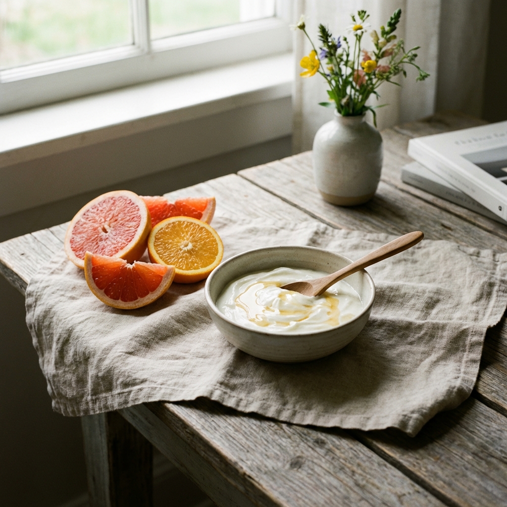Mindful Eating - mindful eating exercises - Image 1: A high-quality, minimal, and aesthetic scene with soft neutral tones and natural elements, representing mindful eating.