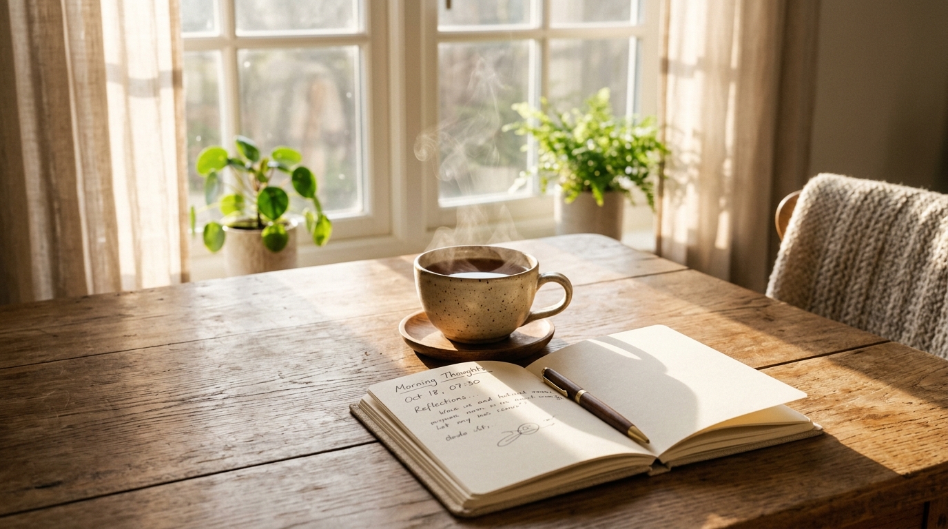 Clean wooden desk with tea cup and open journal for peaceful morning stillness