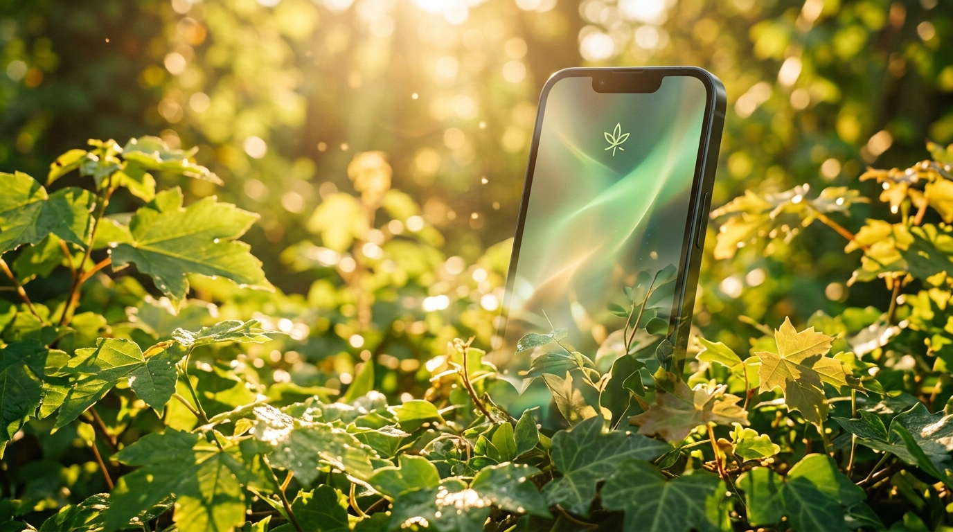 Abstract concept of smartphone dissolving into natural green leaves and golden sunlight