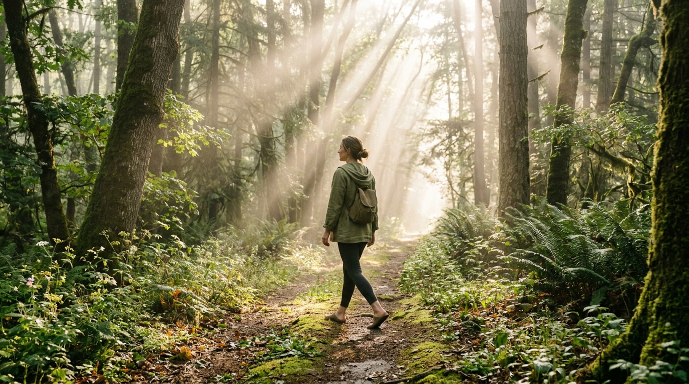 Person walking mindfully along misty forest path in morning light