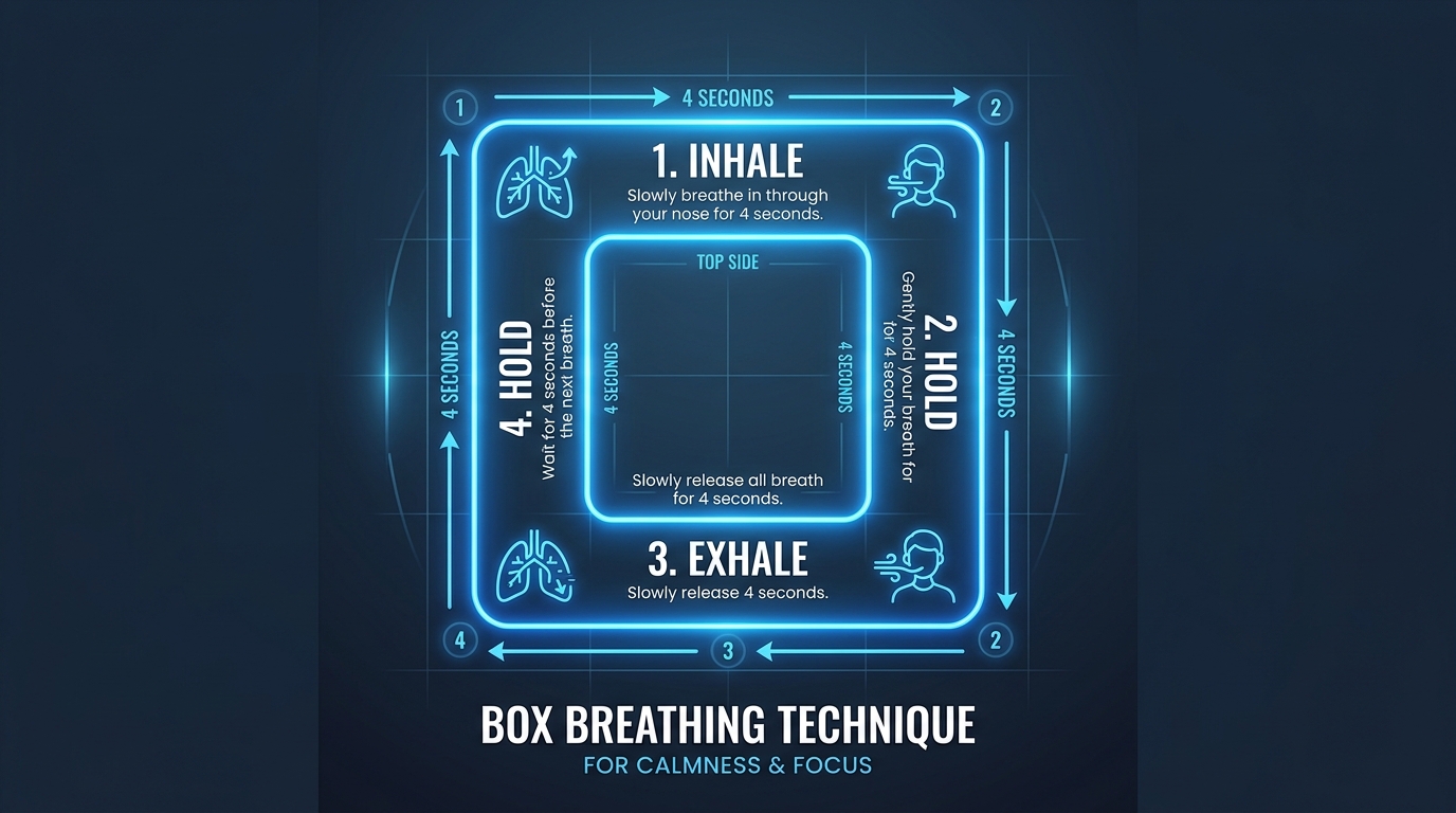 Box Breathing 4-Step Diagram Infographic