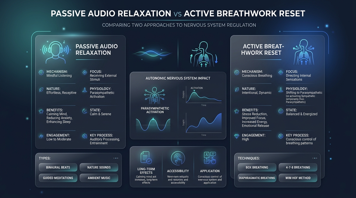 Passive Audio Relaxation vs Active Breathwork Reset Infographic