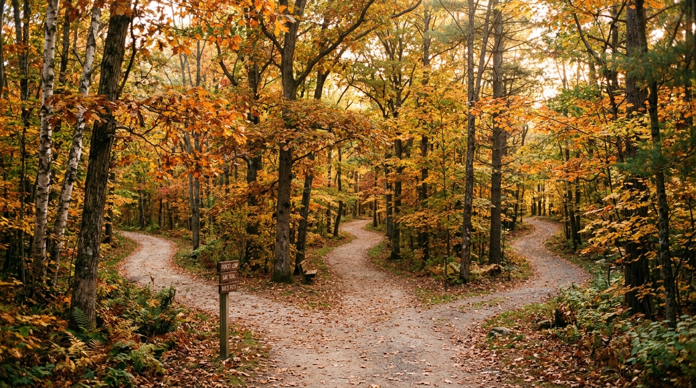 Three peaceful forest walking paths converging gently under warm autumn light